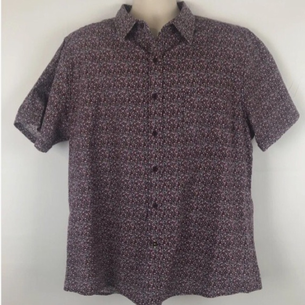 Haggar Mens Collared Burgundy Purple Floral Short Sleeve